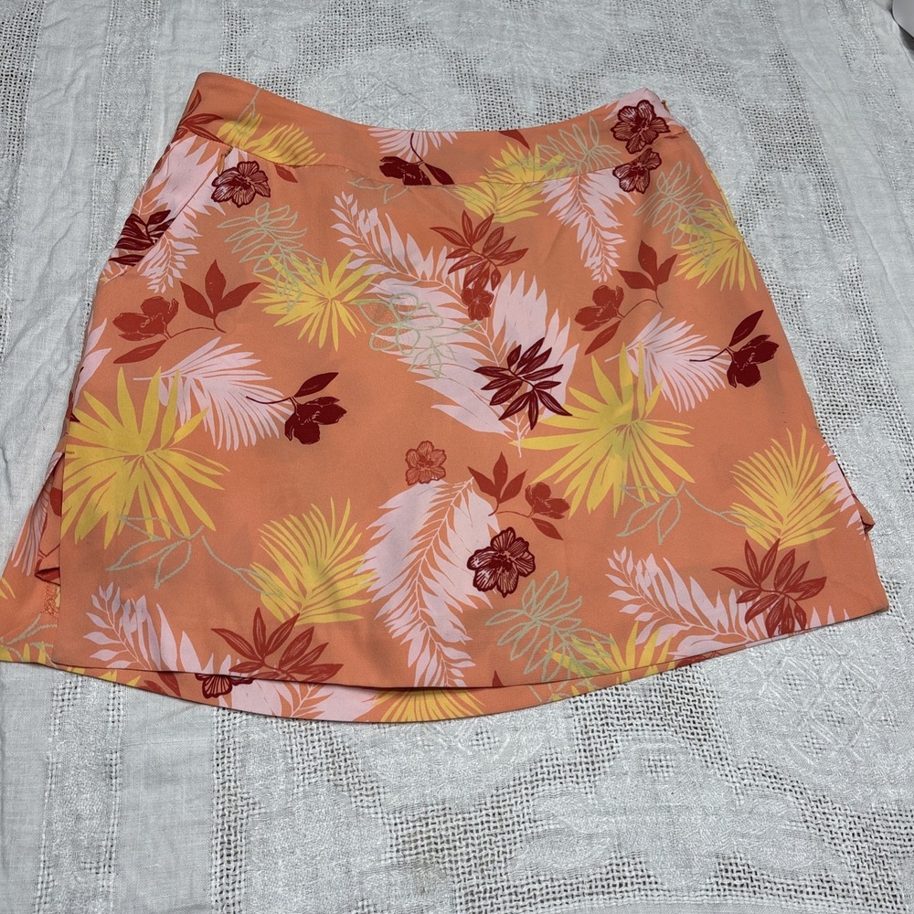 Izod Comfort Golf Skort Skirt Women's Size 4 Orange Yellow Floral‎ Fronds Print